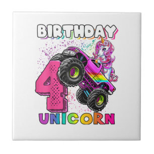 4th Birthday Unicorn Monster Truck Birthday Party Tile