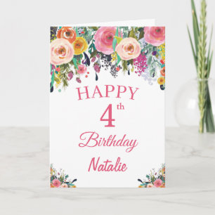 4th Birthday Watercolor Floral Flowers Pink Card