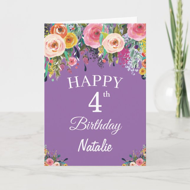 4th Birthday Watercolor Floral Flowers Purple Card (Front)