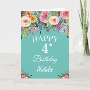 4th Birthday Watercolor Floral Flowers Teal Card
