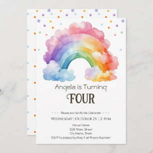 4th Birthday Watercolor Rainbow Kids  Invitation