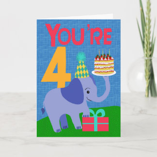 4th Birthday with Elephant and Cake Card