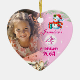 4th Christmas Personalised Girl Photo Heart Gift Ceramic Tree Decoration