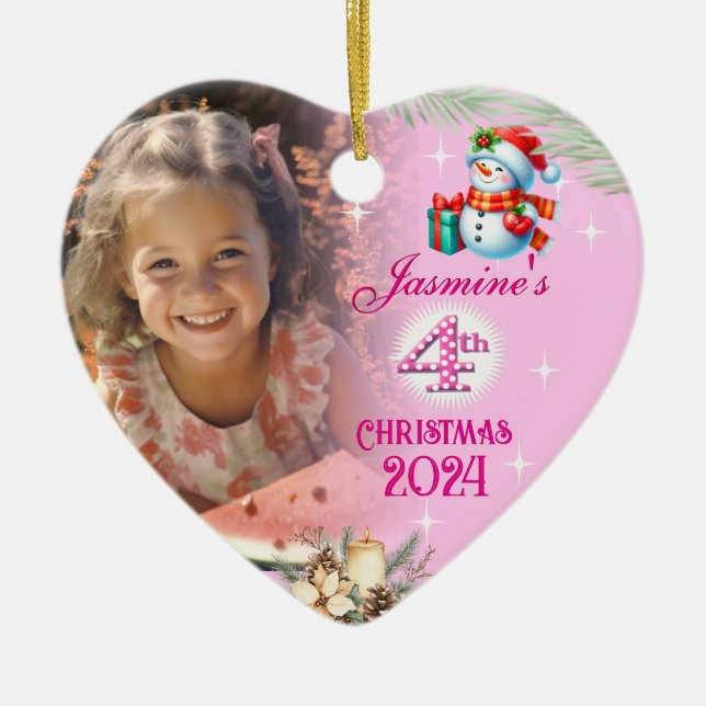 4th Christmas Personalised Girl Photo Heart Gift  Ceramic Tree Decoration (Front)