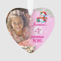 4th Christmas Personalised Girl Photo Heart Gift Ornament