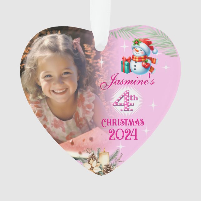 4th Christmas Personalised Girl Photo Heart Gift  Ornament (Front)