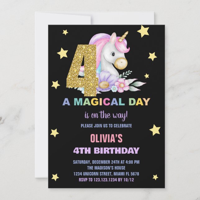 4th Floral Unicorn Birthday Invitations (Front)