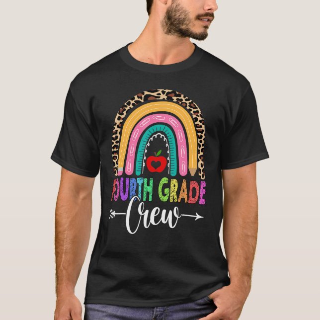 4th Fourth Grade Crew Rainbow Leopard Teacher Back T-Shirt (Front)