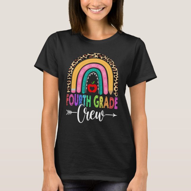 4th Fourth Grade Crew Rainbow Leopard Teacher Back T-Shirt (Front)