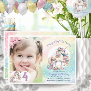 4th Fourth Unicorn Birthday Party Pastel Rainbow Invitation