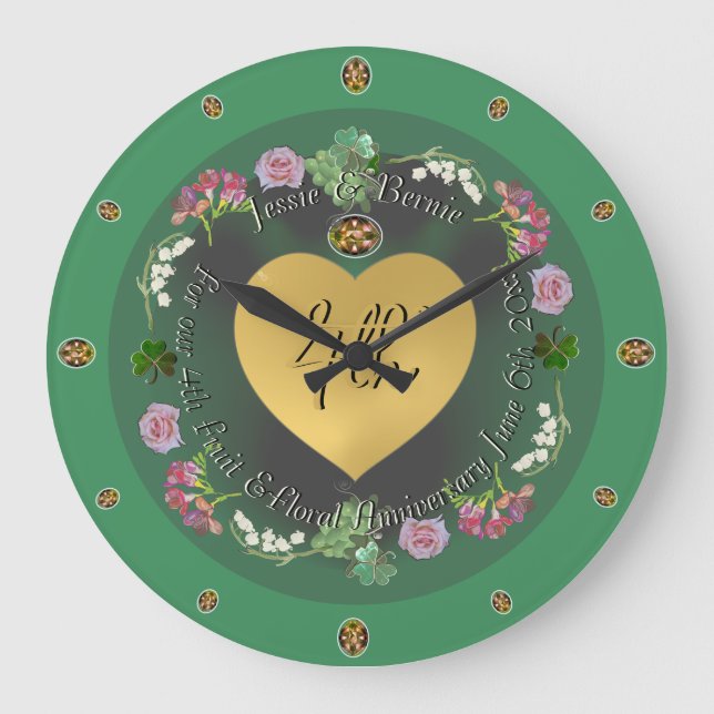 4th Fruit & Floral Wedding Anniversary+Photo Large Clock (Front)