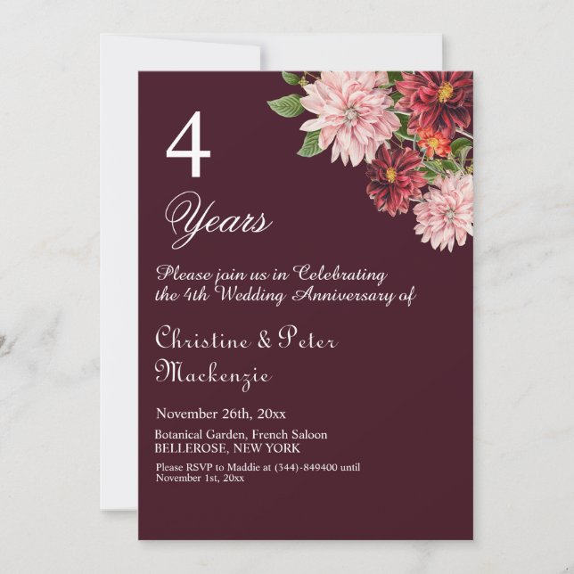 4th Fruit Wedding Anniversary Burgundy Floral Invitation (Front)