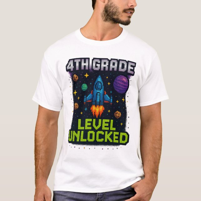 4th Grade Level Unlocked T-Shirt – Pixel Space Gal (Front)