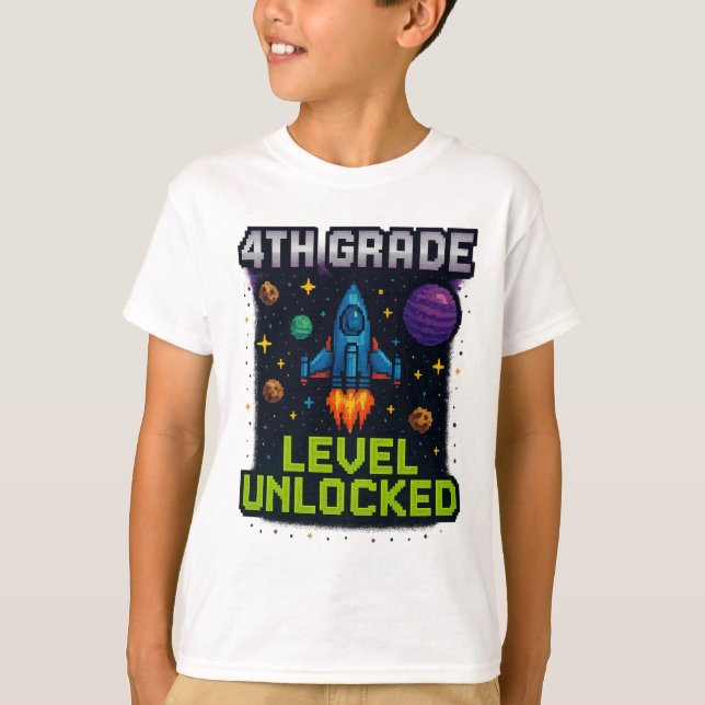 4th Grade Level Unlocked T-Shirt – Pixel Space Gal (Front)
