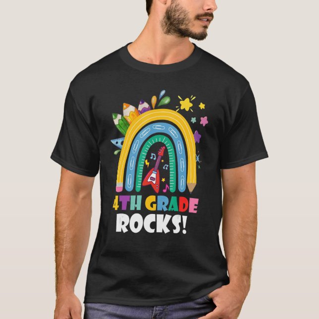 4th Grade Rocks Rainbow Kids Girls Teacher Back To T-Shirt (Front)