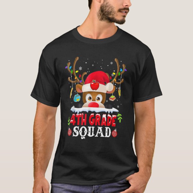4th Grade Squad Plaid Reindeer Santa Hat Teacher C T-Shirt (Front)