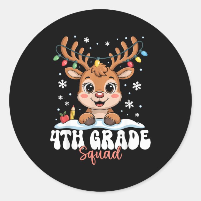 4th Grade Squad Reindeer Christmas Lights Cute Win Classic Round Sticker (Front)