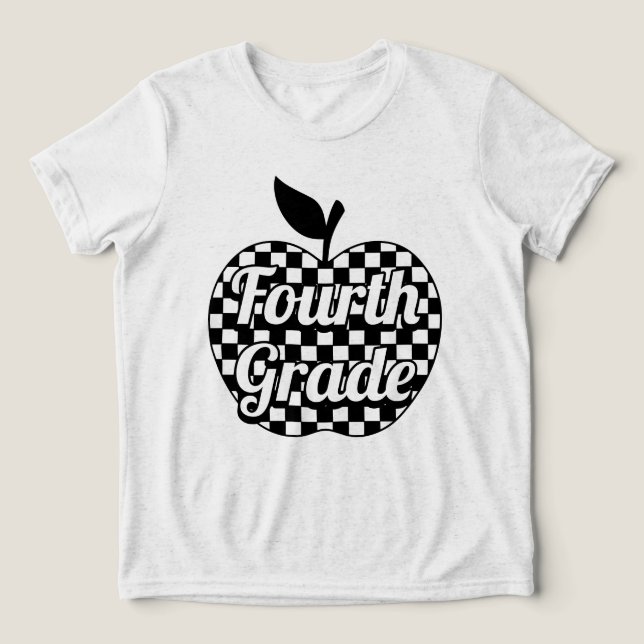 4th Grade Teacher Chequered Apple Tri-Blend Shirt (Design Front)