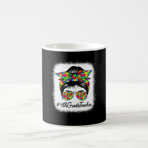 4th Grade Teacher Messy Bun Women Autism Awareness Coffee Mug