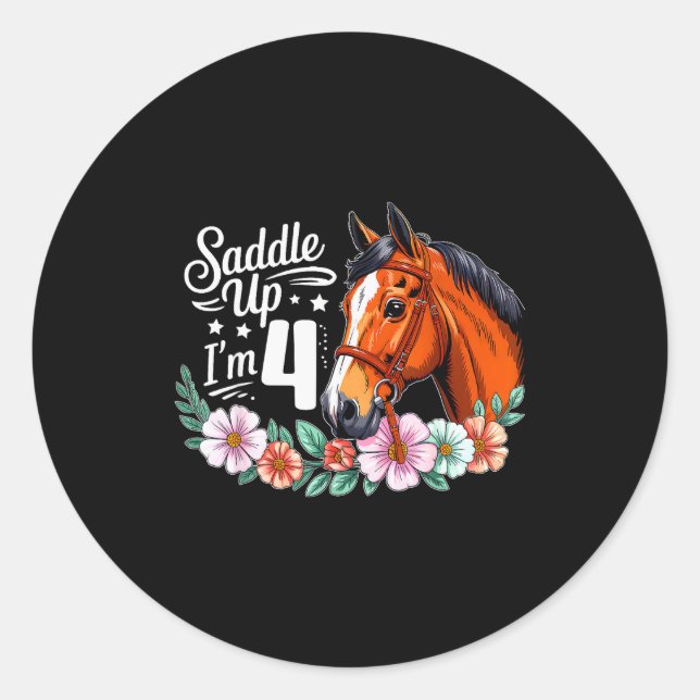 4th Horse Birthday Four Years Old Girls Horses Bir Classic Round Sticker (Front)