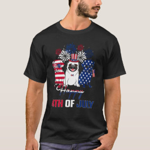 4th July American Flag Three Red White Pug Blue Fi T-Shirt