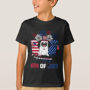 4th July American Flag Three Red White Pug Blue Fi T-Shirt