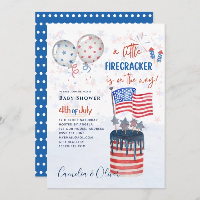 4th July BABY SHOWER INVITE Firecracker Cake Flag (Front/Back)