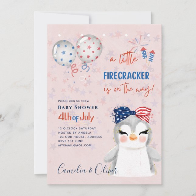 4th July BABY SHOWER INVITE Firecracker Penguin (Front)
