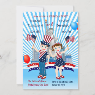 4th July Birthday Conjoint Kids Party  Invitation