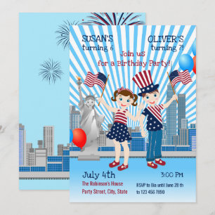 4th July Birthday Girl and Boy Party  Invitation