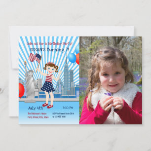 4th July Birthday Girl Party Photo  Invitation