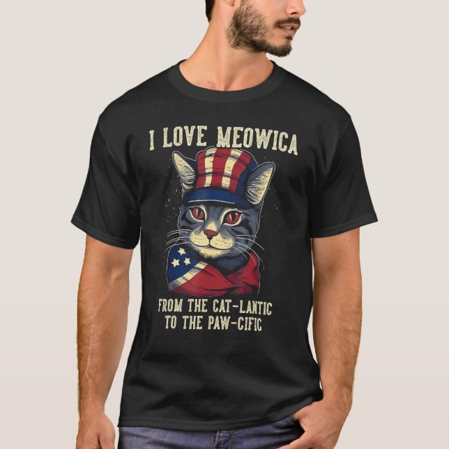 4th July Cat Lover, I Love Meowica Patriotic Cat,  T-Shirt (Front)