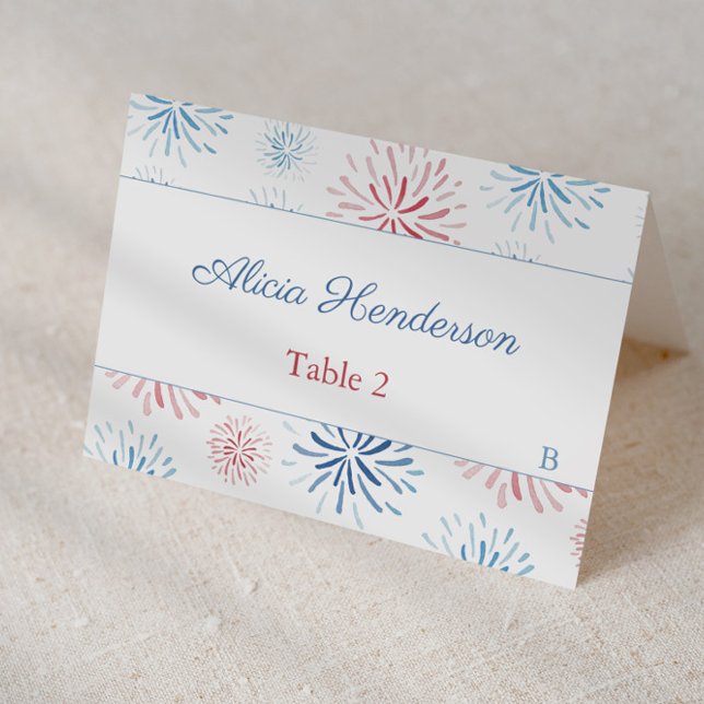 4th July Fireworks Red White Blue Place Card (Individual place card design featuring red white and blue firework bursts)