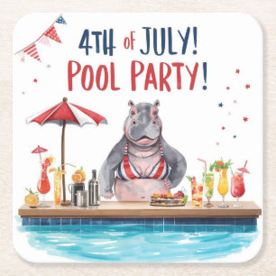 4th July Hippo Bikini in Pool Party Square Paper Coaster