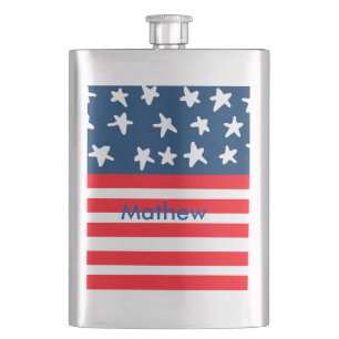4th july independence day add name text US flag Hip Flask