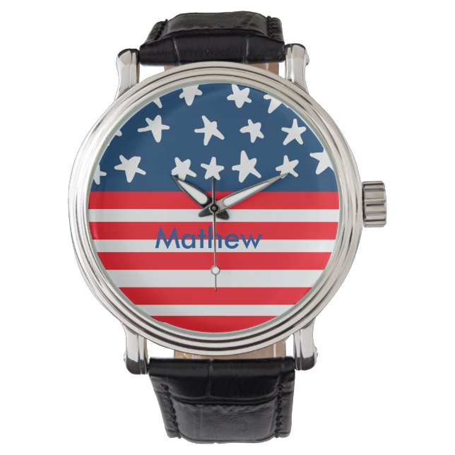 4th july independence day add name text US flag Watch (Front)