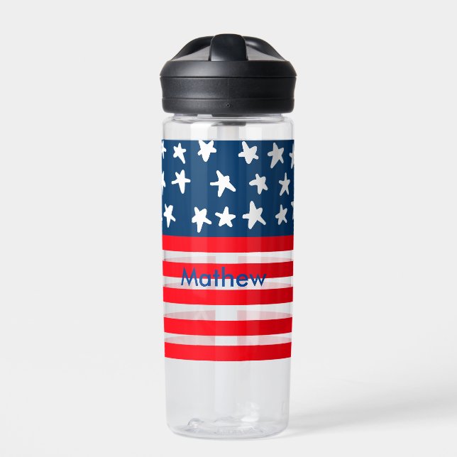 4th july independence day add name text US flag Water Bottle (Front)