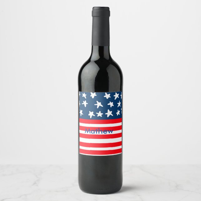 4th july independence day add name text US flag Wine Label (Front)