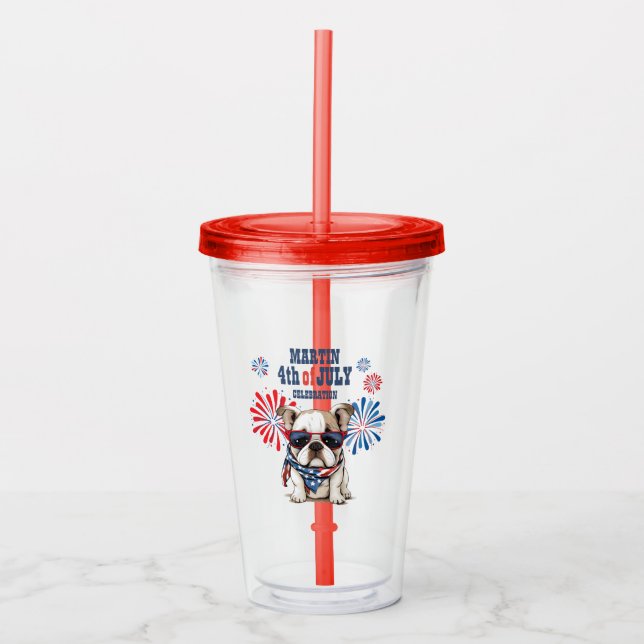4th July Independence Day Red White Blue Bulldog Acrylic Tumbler (Front)