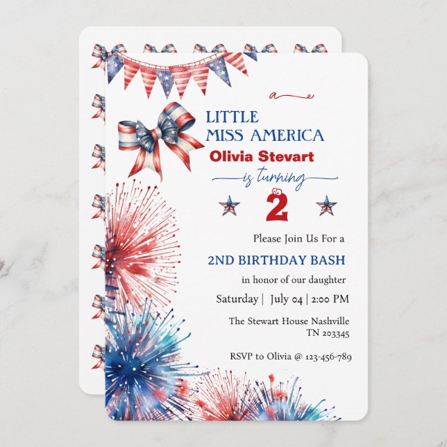 4th July Little miss America 2nd Birthyday Invitation (Front/Back)
