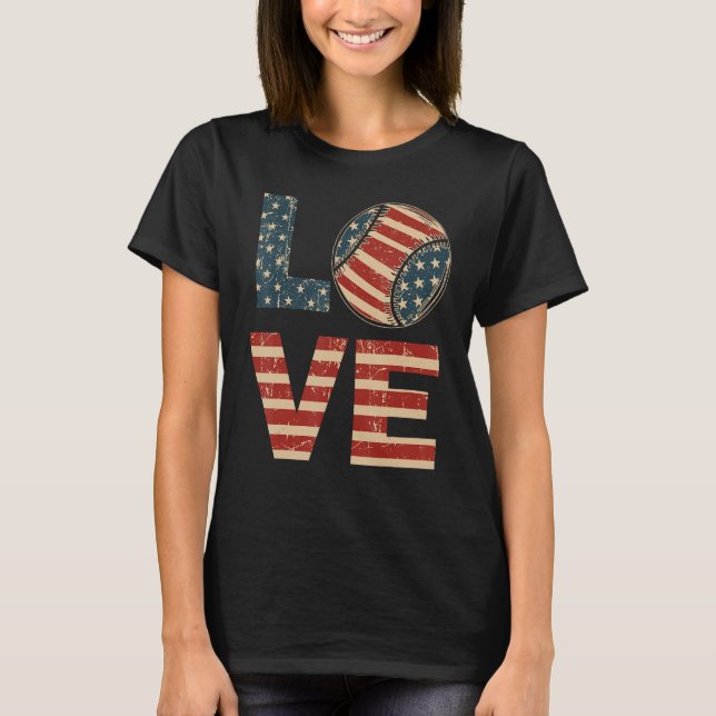 4th July Love Softball American Flag Teen Girl Mom T-Shirt (Front)
