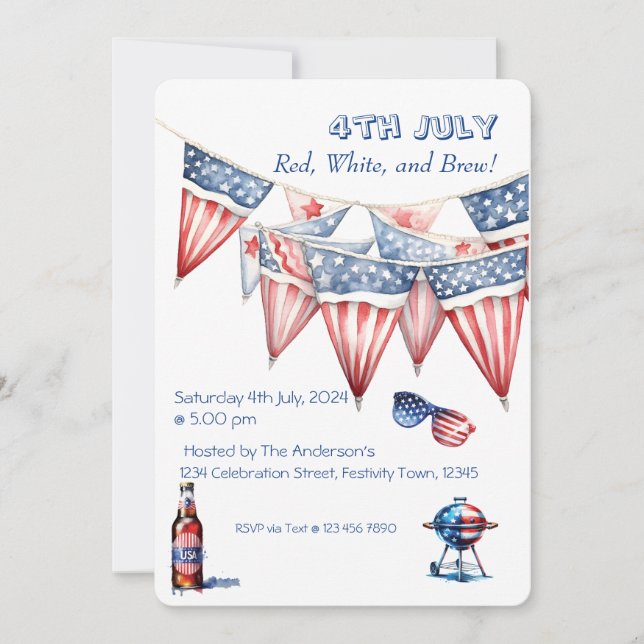 4th July Party BBQ Invitation Watercolor (Front)