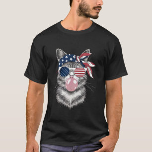 4th July Patriotic Cat Blowing Bubble US Flag Cat T-Shirt