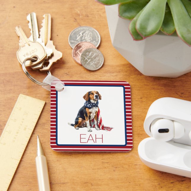 4th July Patriotic Hound Dog Monogram Key Ring (Desk)