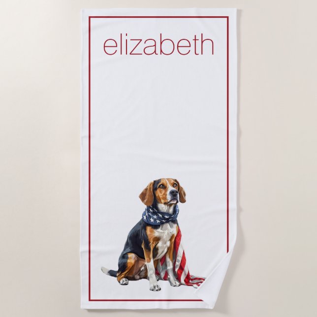 4th July Patriotic Hound Dog Personalised Beach Towel (Front)