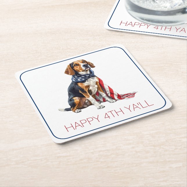 4th July Patriotic Hound Dog Personalised Square Paper Coaster (Angled)