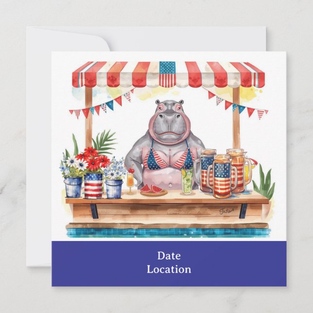 4th July Pool Party with Hippo in Bikini  Invitation (Front)