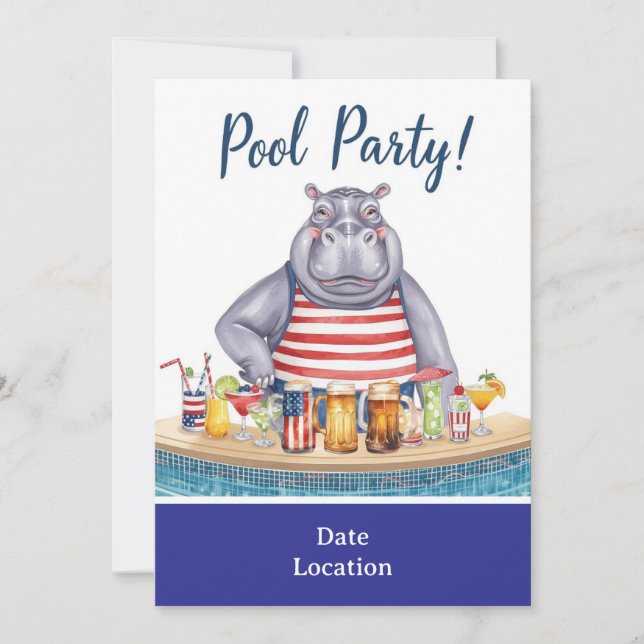 4th July Pool Party with Hippo in Bikini  Invitation (Front)
