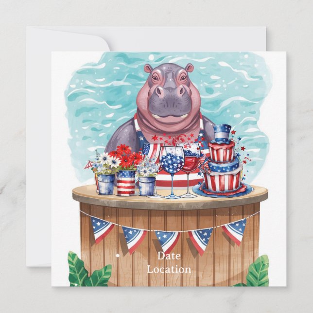 4th July Pool Party with Hippo in Bikini  Save The Date (Front)