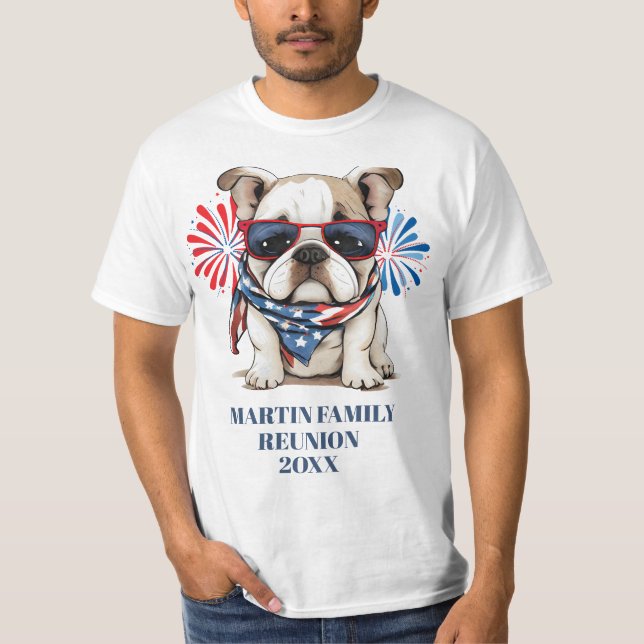 4th July Red Blue Bulldog Family Reunion T-Shirt (Front)